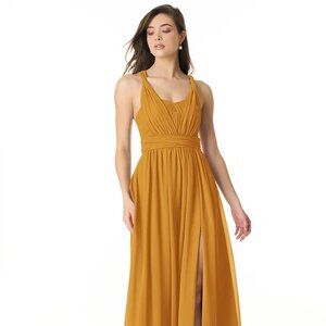 Azazie Olani Butterscotch Prom Gown Bridesmaid Dress + Bag + Jewelry Bundle Set